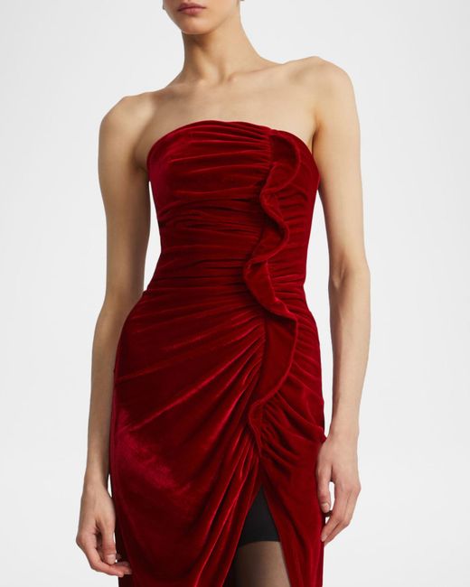 Marcus Ruffle Lwc BCBGMAXAZRIA Strapless Velvet Ruffle Midi Dress in Red | Lyst