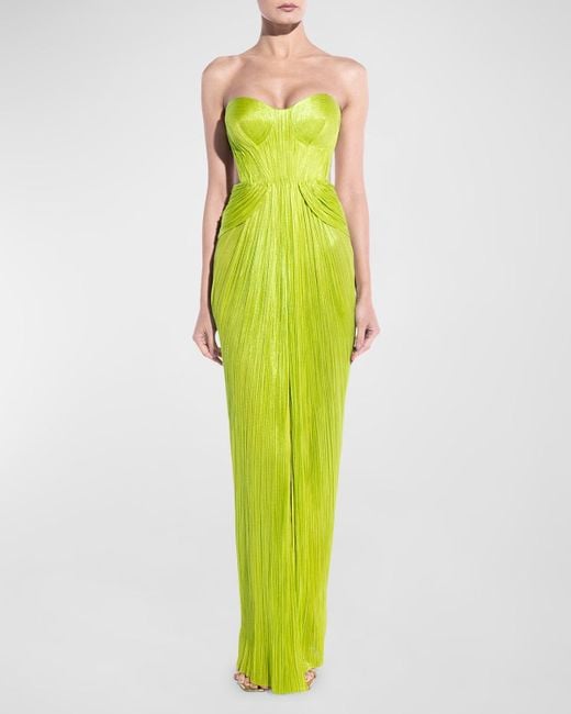 Maria Lucia Hohan Green Caly Strapless Cutout Plisse Slit Gown