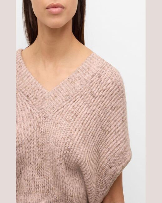 Brunello Cucinelli Natural Mohair Melange Knit V-Neck Cap-Sleeve Crop Sweater