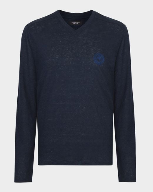 Stefano Ricci Blue Linen Long-Sleeve Logo T-Shirt for men