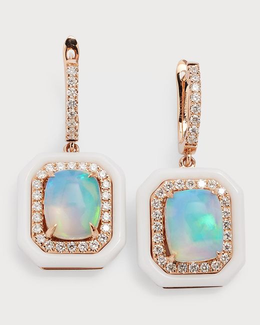 David Kord Blue 18k Rose Gold Earrings With Opal Cushions, Diamonds And White Frame, 3.93tcw