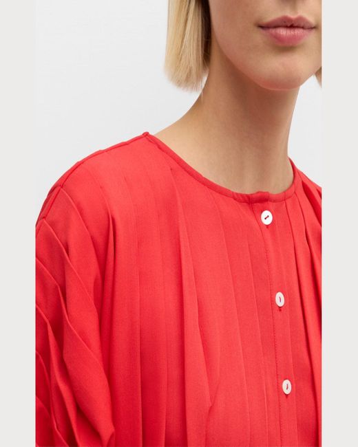 Misook Red Pleated Button-Down Midi Dress