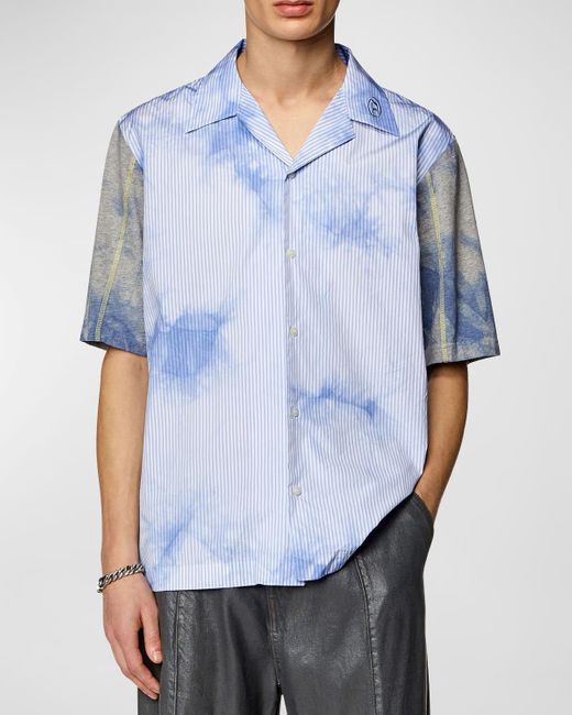 DIESEL Blue S-Trucker Striped Cotton Poplin Bowling Shirt for men