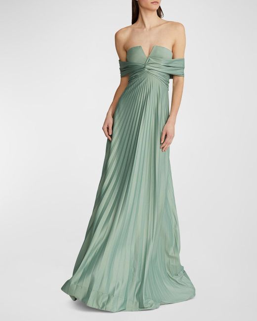 Ralph Lauren Collection Green Merridan Twisted Off-the-shoulder Pleated Gown