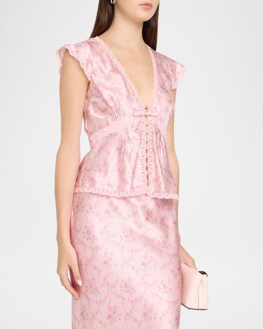LoveShackFancy Pink Amara Floral Silk Blouse