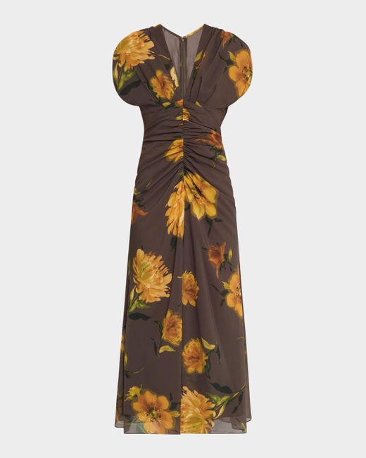 Lela Rose Multicolor Floral-Print Chiffon V-Neck Shirred Midi Dress