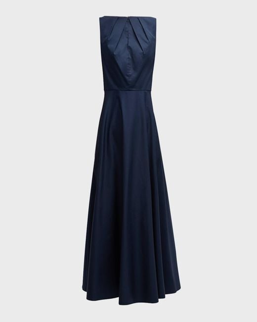 Roland Mouret Blue Pleated High-Neck Sleeveless Cotton Poplin Midi Dress