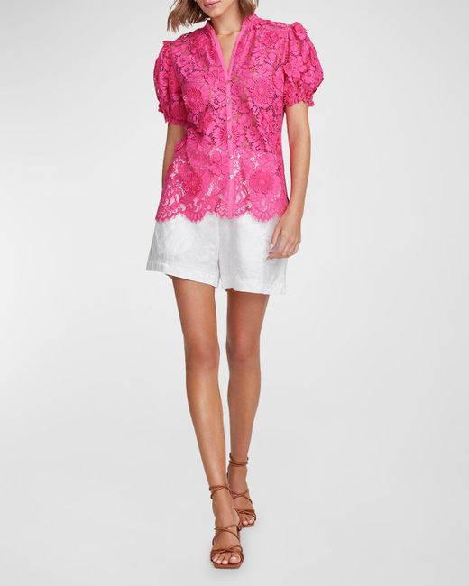 Robert Graham Pink Mila Puff-Sleeve Floral Lace Shirt
