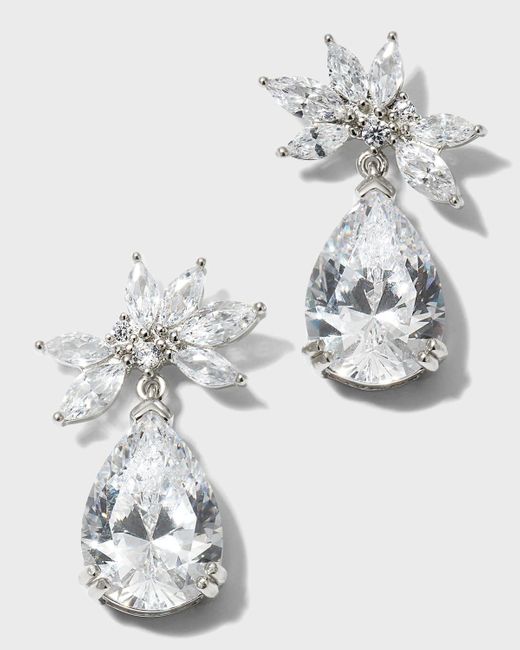 Golconda by Kenneth Jay Lane White Cluster Cubic Zirconia Earrings With Drop Pear, 6.0tcw