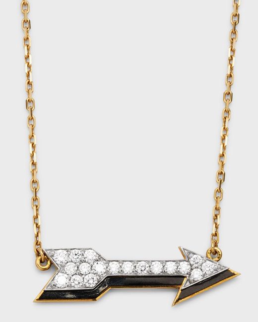 David Webb White Motif 18k Gold Diamond Arrow Pendant Necklace With Black Enamel