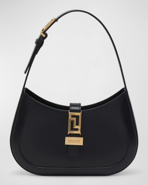 Versace Black Greca Small Leather Hobo Bag