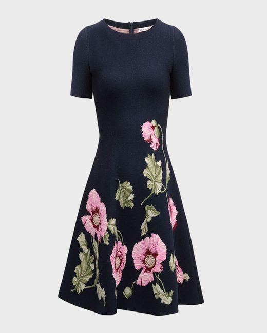 Oscar de la Renta Blue Jewel-Neck Poppies Jacquard Short-Sleeve Mini Dress
