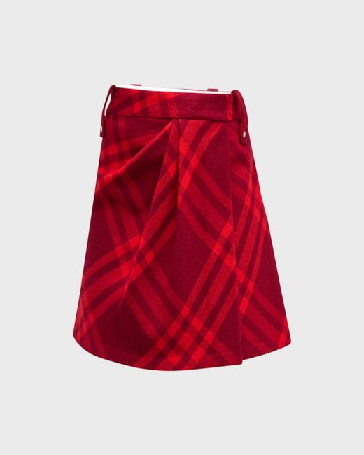 Burberry Red Check Pleated Wool Mini Wrap Skirt