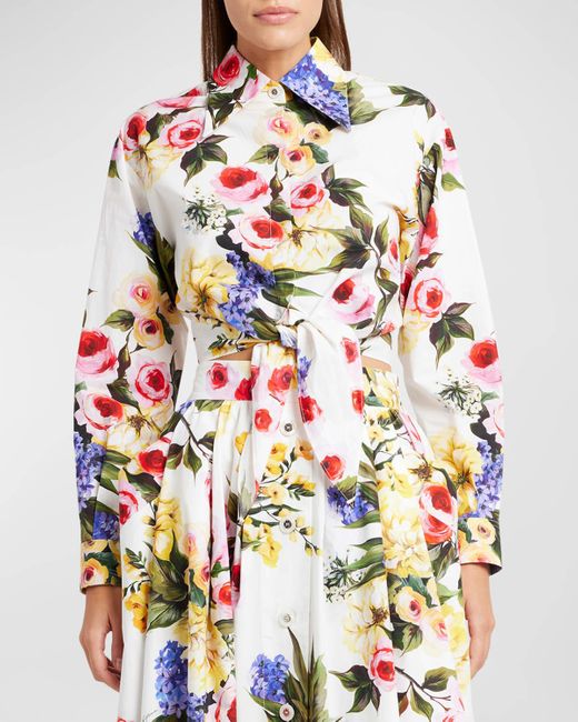 Dolce & Gabbana White Floral Print Cropped Poplin Shirt With Front Tie