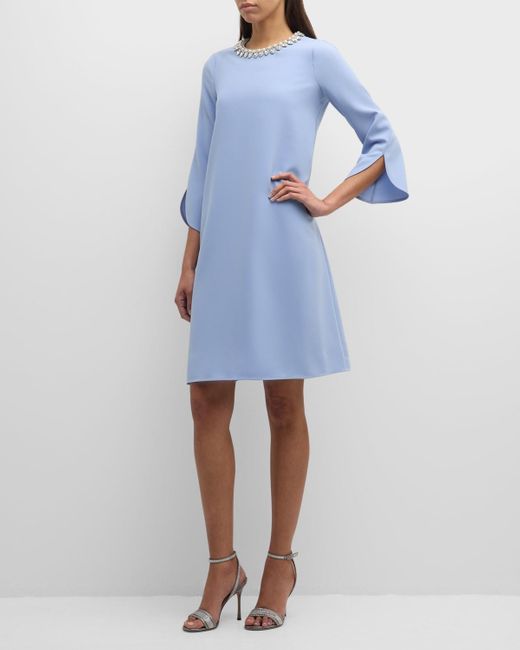 Teri Jon Blue Jewel-Embellished Split-Sleeve Midi Dress