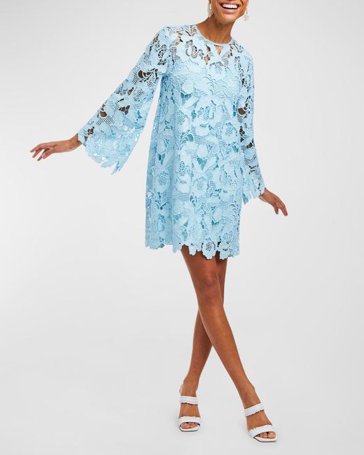 mestiza Blue Mira Flare-Sleeve Floral Lace Mini Shift Dress