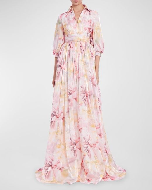 Badgley Mischka Pink Blouson-Sleeve Shimmer Floral-Print Empire Gown