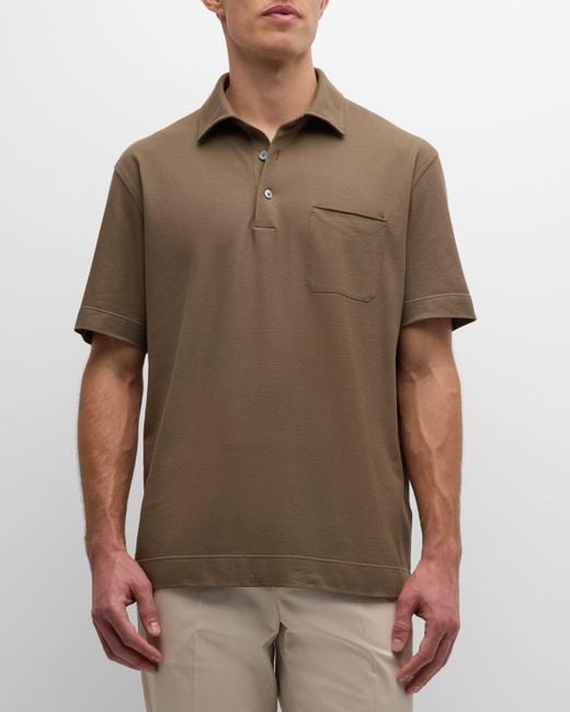 Zegna Brown Cotton Polo Shirt With Leather-Trim Pocket for men