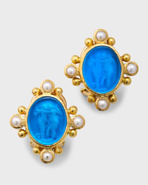Elizabeth Locke Blue 19k Venetian Glass Intaglio Cherub Twins Earrings With Pearl Spokes