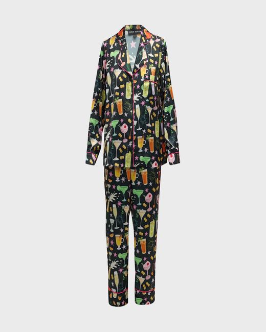 Karen Mabon Multicolor Cropped Cocktail-Print Satin Pajama Set