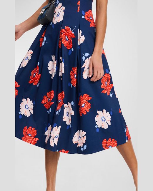 Kate Spade Blue Dotty Pleated Floral-Print Midi Dress