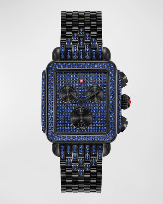 Michele Deco Noir Blue Sapphire Pave Watch With Bracelet Strap