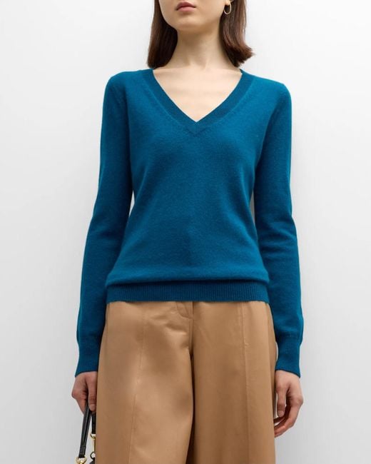 Neiman Marcus Cashmere Classic V neck Sweater in Blue Lyst