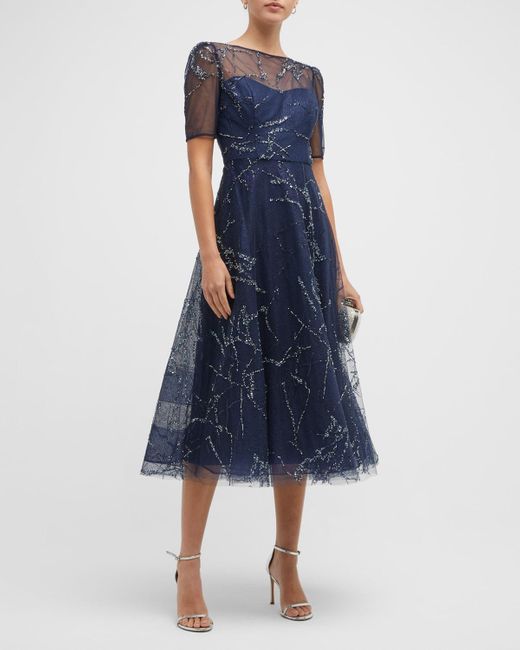 Teri Jon Spider Web Beaded Tulle Cocktail Dress in Blue | Lyst