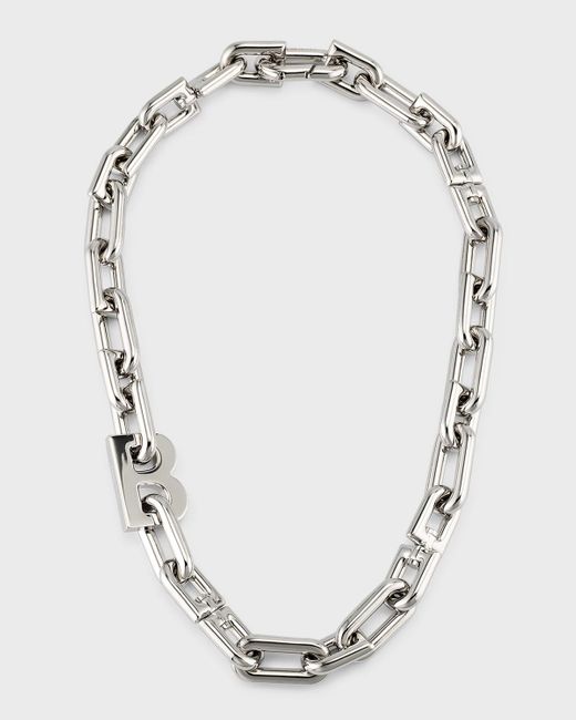 Balenciaga White B Chain Thin Necklace, Silvertone
