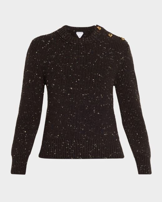 Bottega Veneta Black Button-Shoulder Speckled Rib Crewneck Sweater