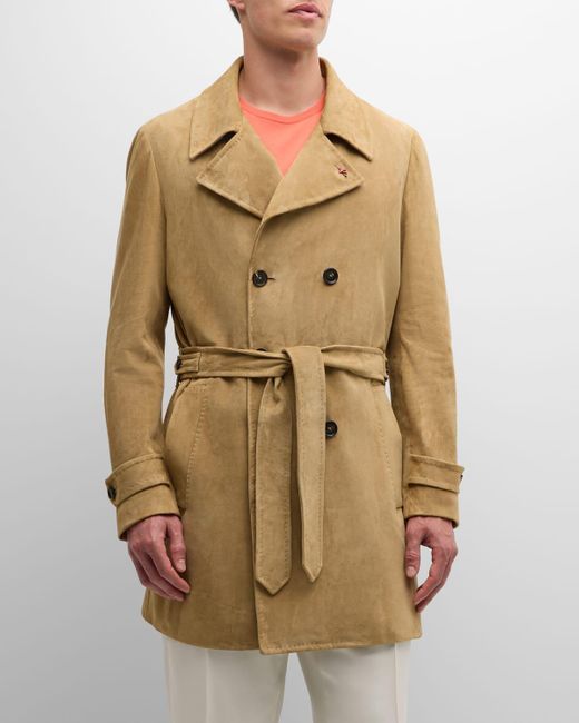 Isaia Natural Belted Suede Trench Coat for men