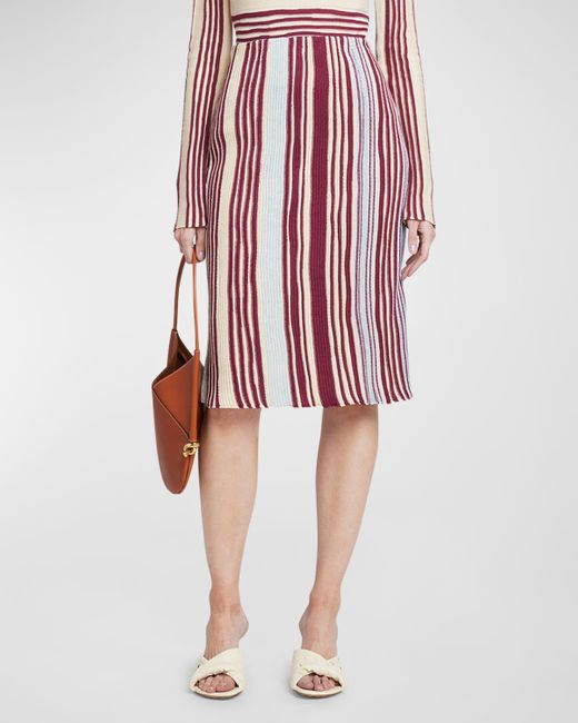 Bottega Veneta Red Stripe Rib Linen Midi Skirt