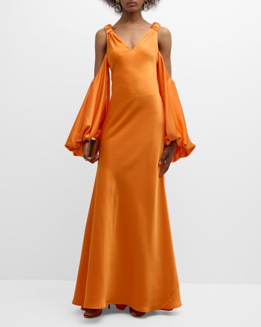 Halston Heritage Orange Binnie Cold-Shoulder Balloon-Sleeve Satin Gown
