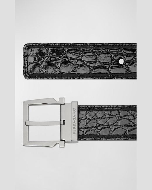 Ferragamo Black Adjustable Crocodile Gancini Belt for men