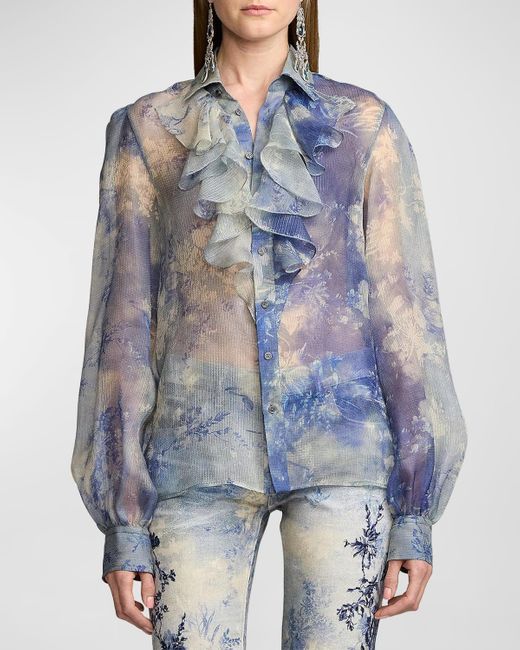 Ralph Lauren Collection Blue Dylon Ruffle-Trim Floral Silk Shirt