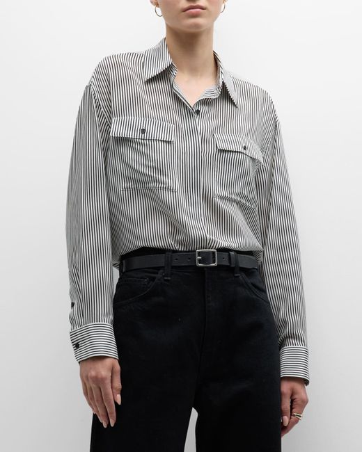 Nili Lotan Gray Ellias Silk Stripe Long-sleeve Shirt