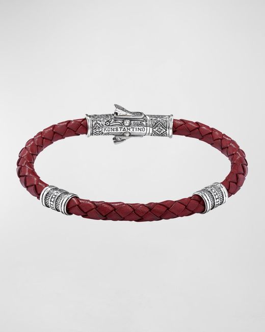 Konstantino Red Braided Leather Bracelet W/ Sterling Silver for men