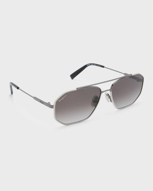 Ferragamo Blue Metal And Leather Navigator Sunglasses for men