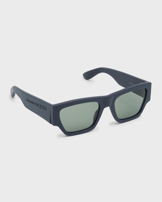 Alexander McQueen Blue Wide Rectangle Acetate Sunglasses With Logo for men