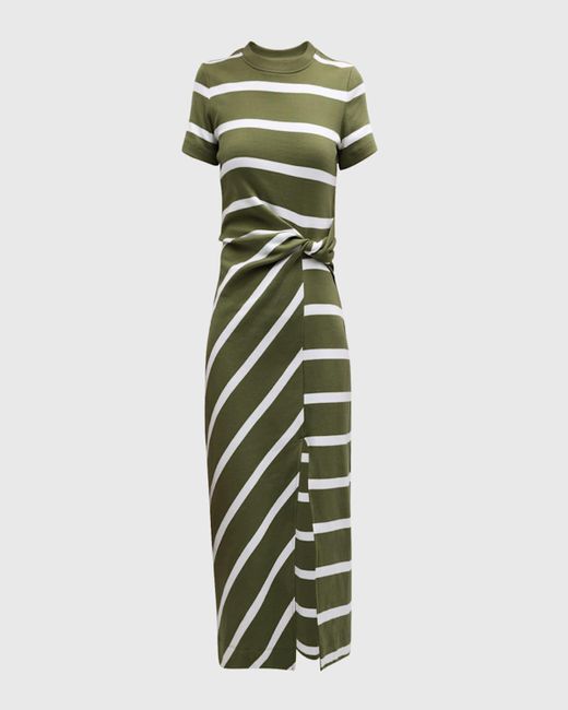 Tanya Taylor Green Cody Twisted-Waist Short-Sleeve Striped Midi Dress