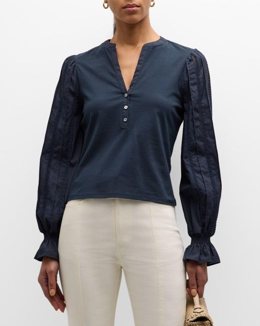 Cinq À Sept Blue Gianna Embroidered Bishop-Sleeve Combo Top