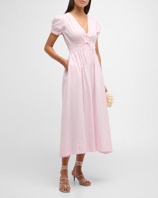 LoveShackFancy Pink Sabela Puff-Sleeve Cotton Poplin V-Neck Midi Dress