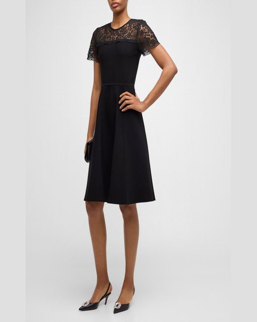 Carolina Herrera Black Knit Midi Dress With Lace Inset Detail