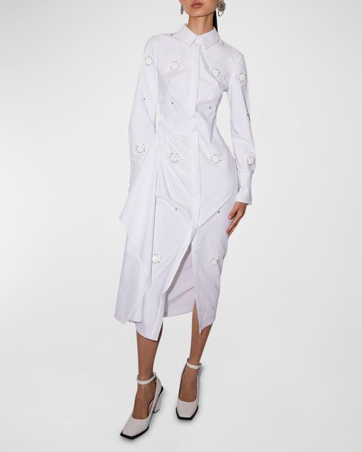 Huishan Zhang White Tatiana Crystal Embellished Long-Sleeve Drape Midi Shirtdress