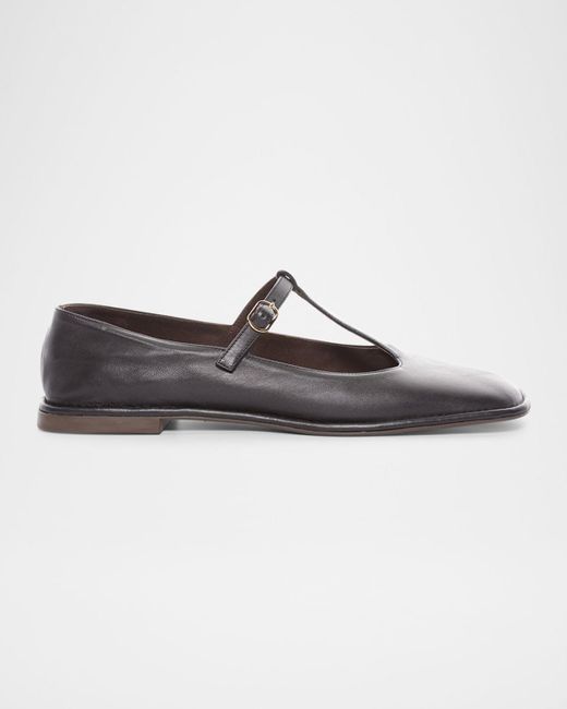 The Row Black Leather T-Strap Ballerina Flats