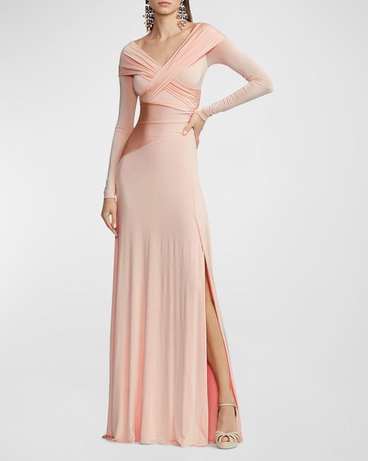 Ralph Lauren Collection Pink Off-Shoulder Wrap Column Gown