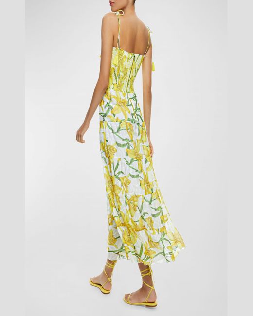 Alice + Olivia Yellow Marna Embroidered Tiered Tie-Strap Maxi Dress