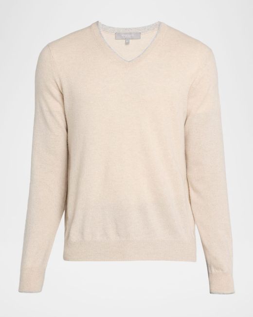 Neiman Marcus Men's Blue Tipped Cashmere Knit V-Neck Sweater