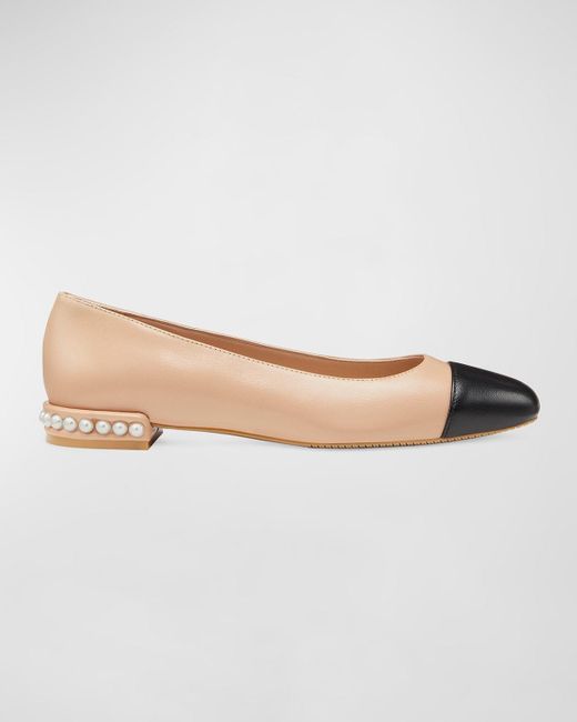 Stuart Weitzman White Lambskin Pearly-Stud Ballerina Flats