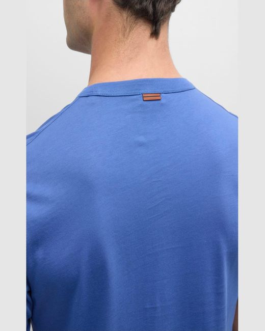Zegna Blue Cotton Embroidered Logo Crewneck T-Shirt for men